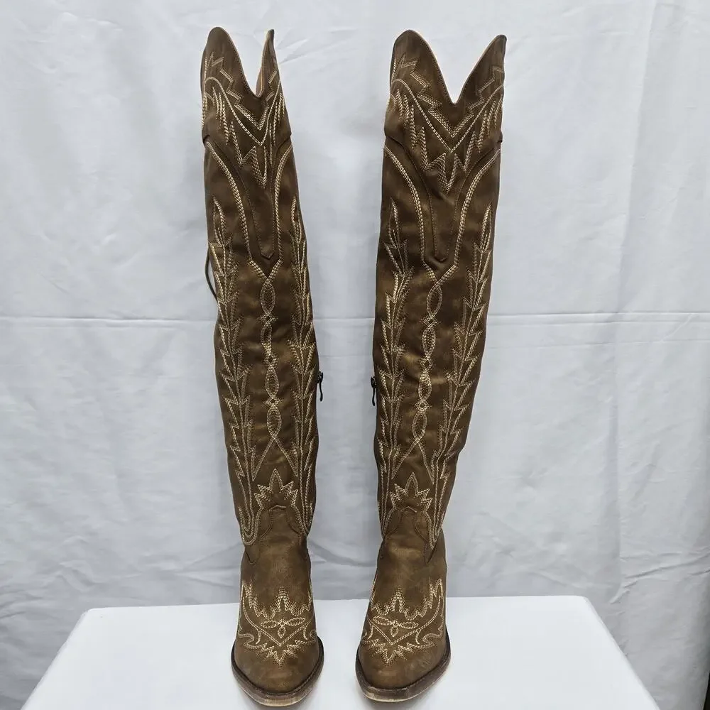 Brown Embroidered Thigh-High Over-the-Knee Cowboy Back Lace-Up Boots Size 6